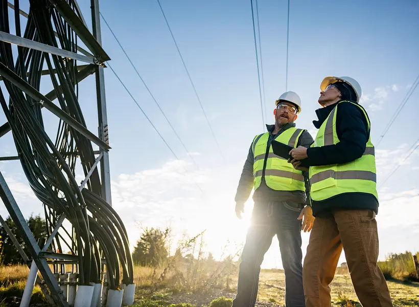 Workers inspecting power lines outdoors