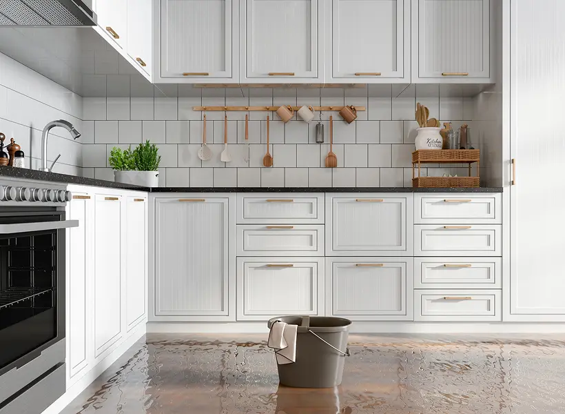 Modern kitchen with white cabinets and flooding